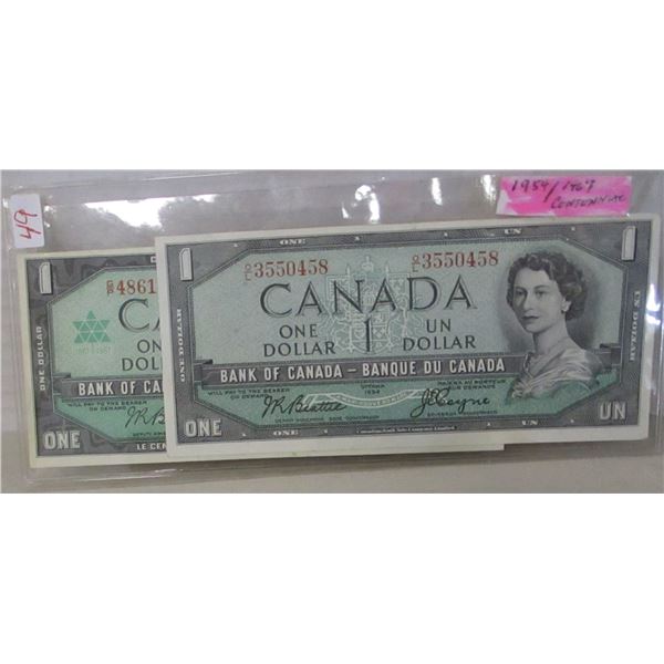 1954 & 1967 CENTENNIAL LAST OF CANADA $1 BILL