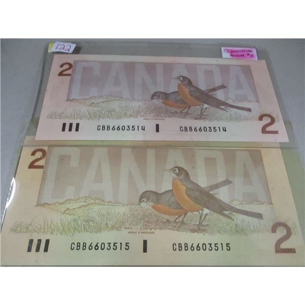 1986 BANK OF CANADA BIRD SERIES SEQUENTIAL SERIAL NUMBER LAST OF $2 BILLS
