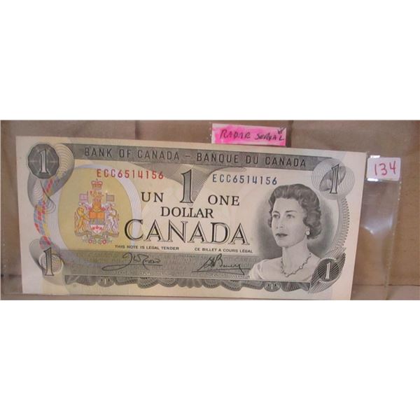 1973 (RADAR SERIAL NUMBER) UNCRICULATED LAST OF CANADA $1 BILLS