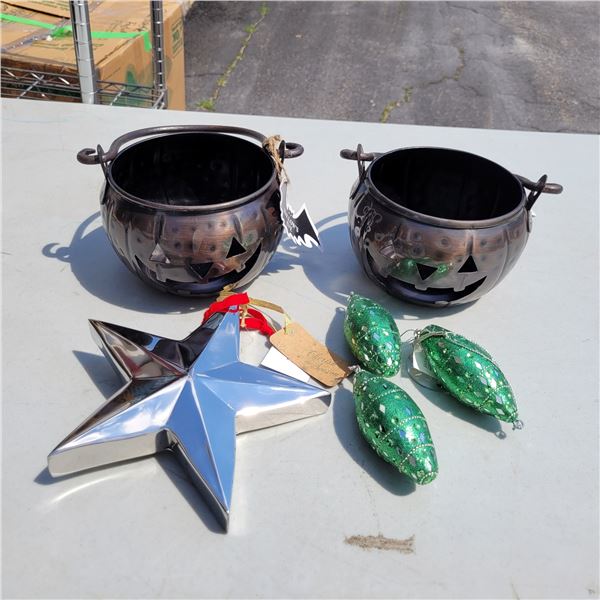 Lot of 2 New Metal Halloween Cauldron Bowls, + 4 New Glass Christmas Decorations