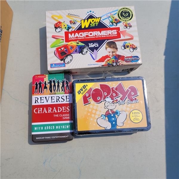 Lot of 3 New Items - Reverse Charades, Popeye DVD Tin Set, Magformers Wow Set