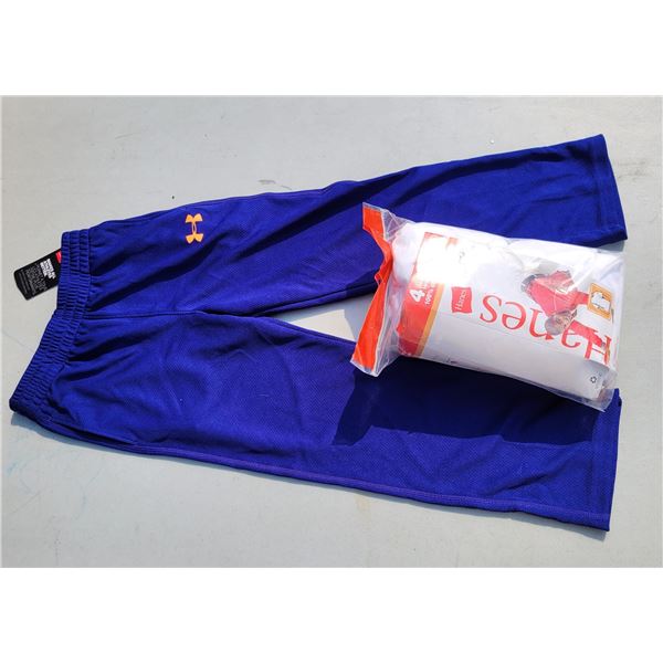 NWT Boys Blue Under Armor Bottoms Sz 5, 4 Pack of New Hanes White Tee Shirts, Sz XL