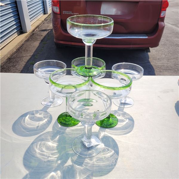Lot of 7 New Margarita Glasses - 4 Green Rimmed