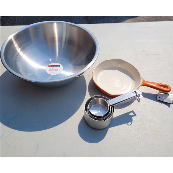 New Kitchen Lot - Large Metal Mixing Bowl, Cast Iron Pan, Heavy Metal Measuring Cups