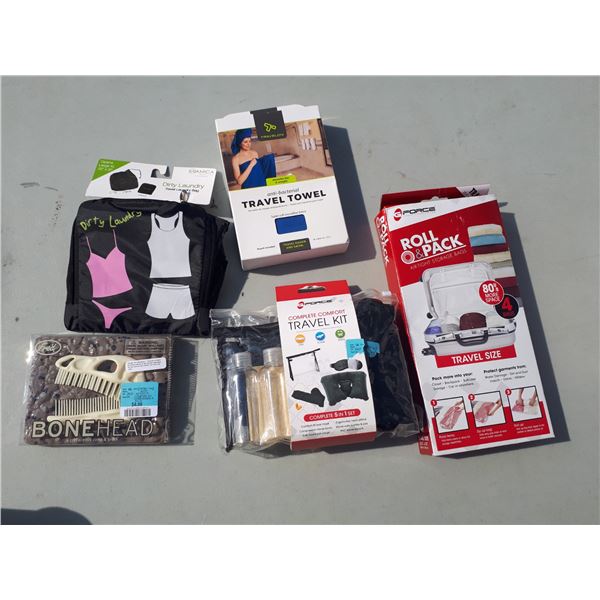 Lot of New Travel Accessories: Travel Towel, Laundry Bag, Comb, Refill Containers, Roll & Pack