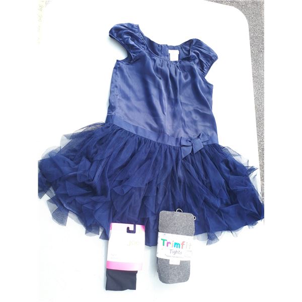 NWT Girls Blue Joe Fresh Dress Sz Lg 10/12 + 2 New girls Tights