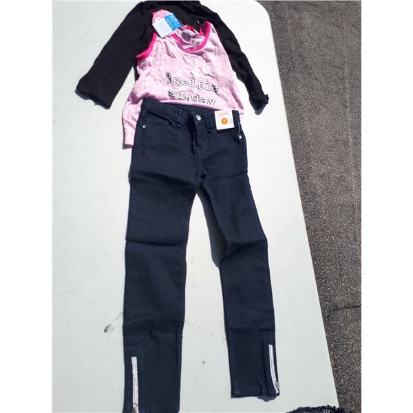 NWT Gymboree Denim Pants Sz 7; Selfie Sunday Pink Top Sz M; Black Top Sz 3T