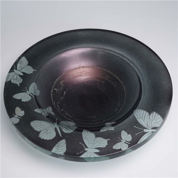 Stephen Schlanser Signed Opalescent Glass Bowl, Butterfly Design