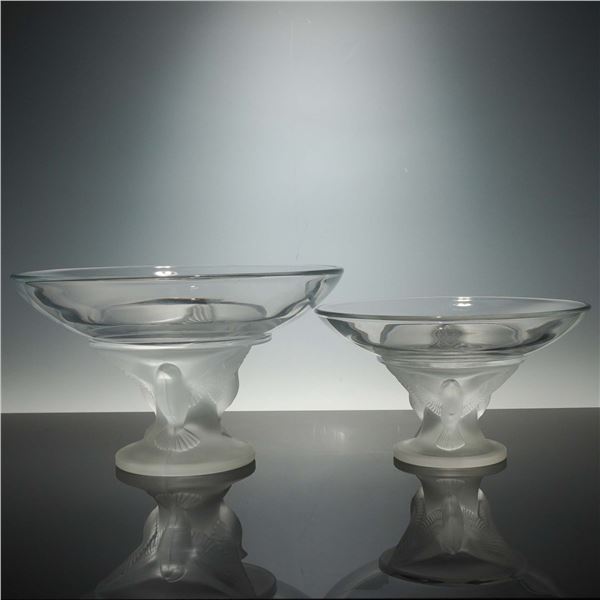 2pc Frosted and Clear Glass Compotes with Bird Motif