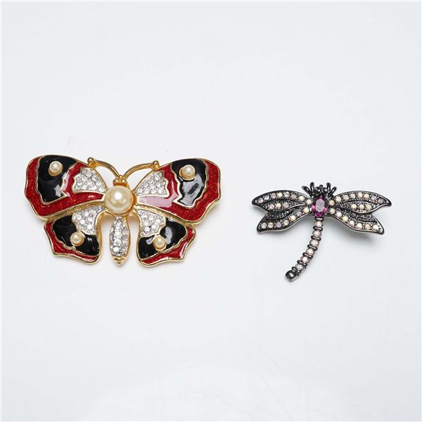 2pc Bejeweled and Enamel Winged Insect Brooches