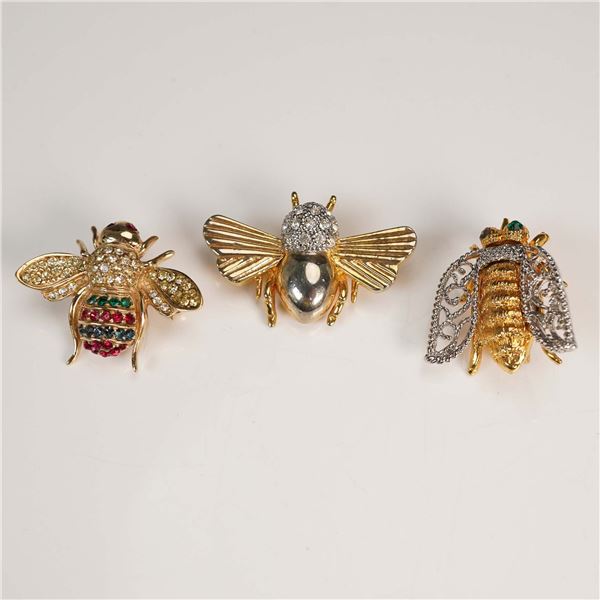 3pc Bee Brooch Set with Rhinestones and Metal Detailing