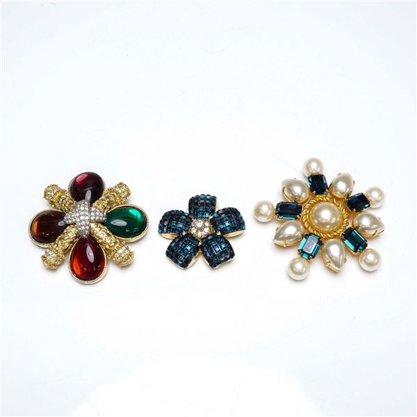3pc Colorful Flower Brooch Set with Faux Pearls and Crystals