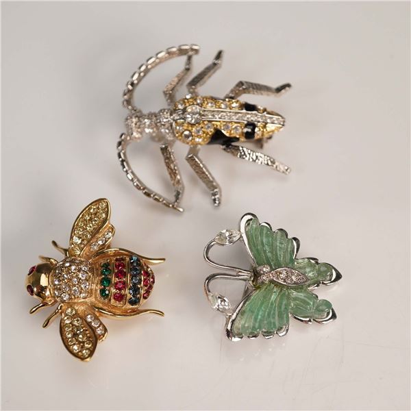 3pc Insect Brooch Lot, Rhinestone Costume Jewelry