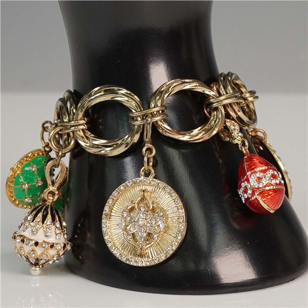 Goldtone Charm Bracelet with Enamel and Rhinestone Accents