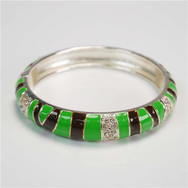 Sequin Green Enamel and Crystal Hinged Bangle Bracelet