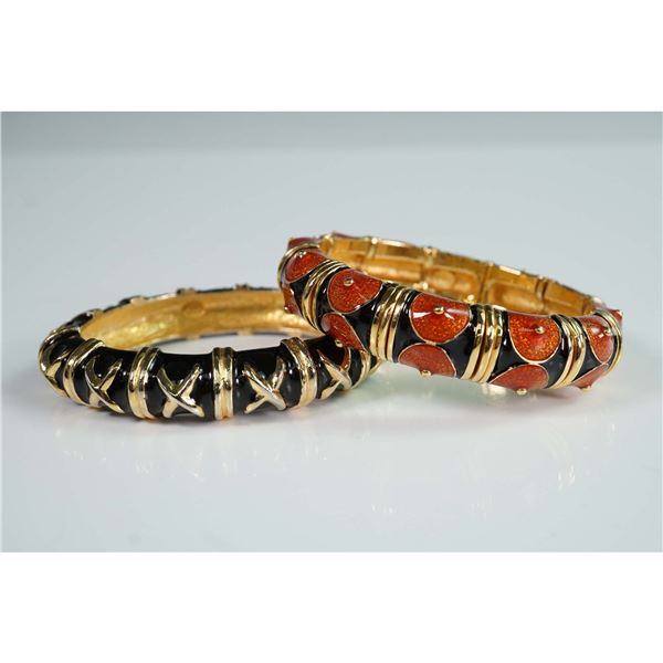 2pc Black Enamel and Gold-Tone Hinged Bracelet Lot