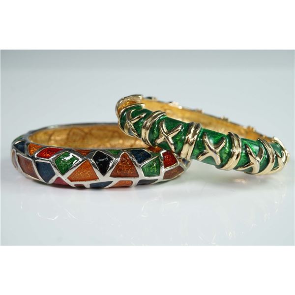 2pc NLH Enamel Bangle Bracelet Set with Multicolor & Green Goldtone Design