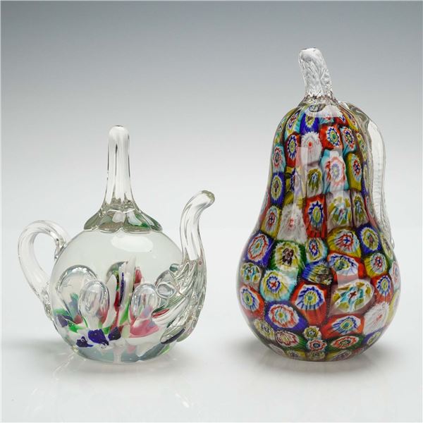 2pc Art Glass Paperweight Teapot and Millefiori-Style Pear