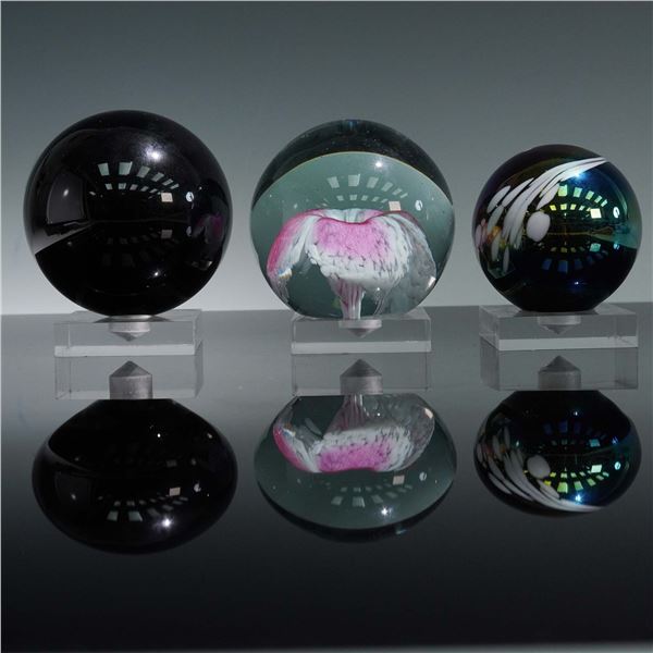 3pc Art Glass Paperweights with Display Stands, One Marked Balos