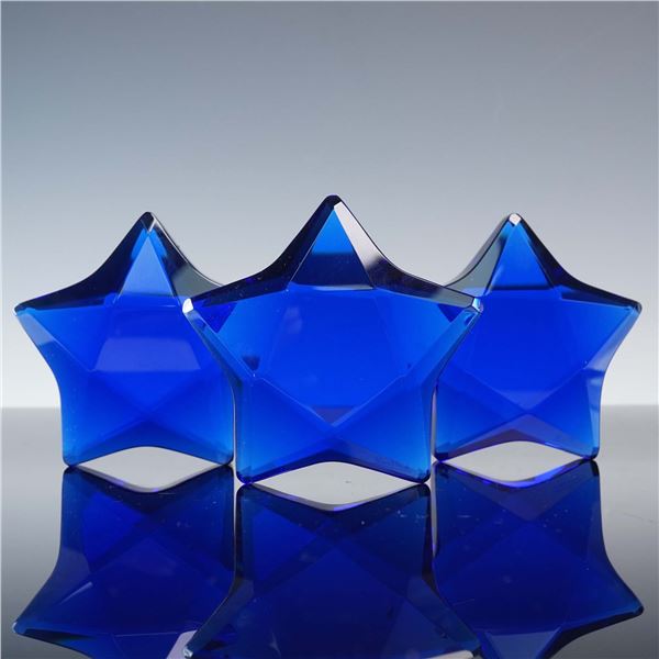 3pc Rosenthal Blue Crystal Star Paperweights with Boxes