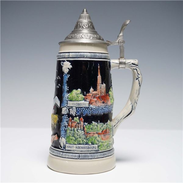 German Beer Stein with Pewter Lid, Strasbourg & Haut-Koenigsbourg