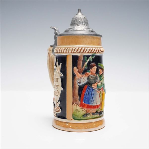 West German Beer Stein, Hand-Painted with Pewter Lid