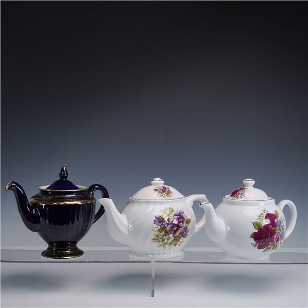 3pc Teapot Lot, Hall USA & Royal Caldone England Floral Porcelain