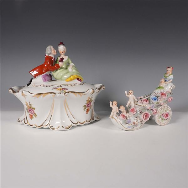 2pc Occupied Japan Porcelain Lidded Dish and Shoe Planter