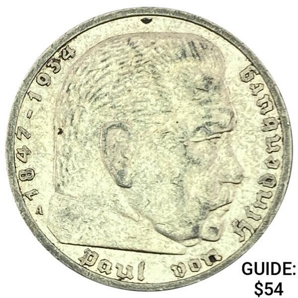 1936-A Germany Silver 5 Reichsmark CLOSELY UNCIRCULATED