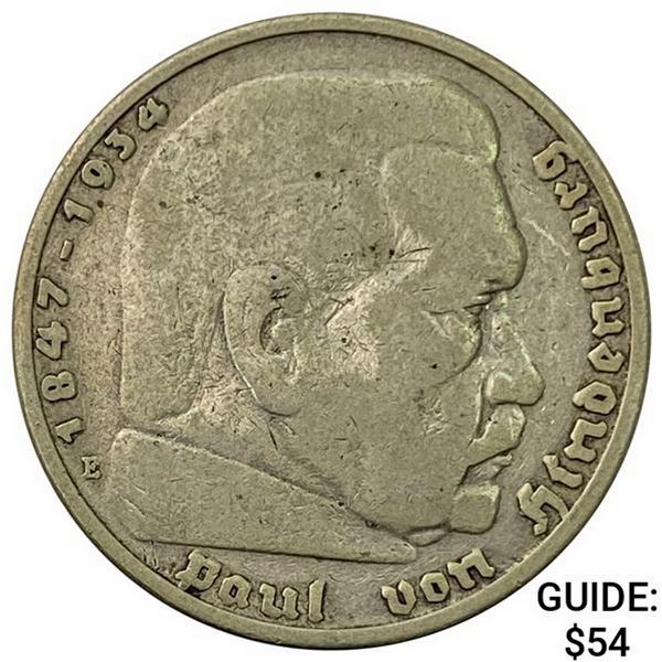 1935-E Germany Silver 5 Reichsmark NEARLY UNCIRCULATED