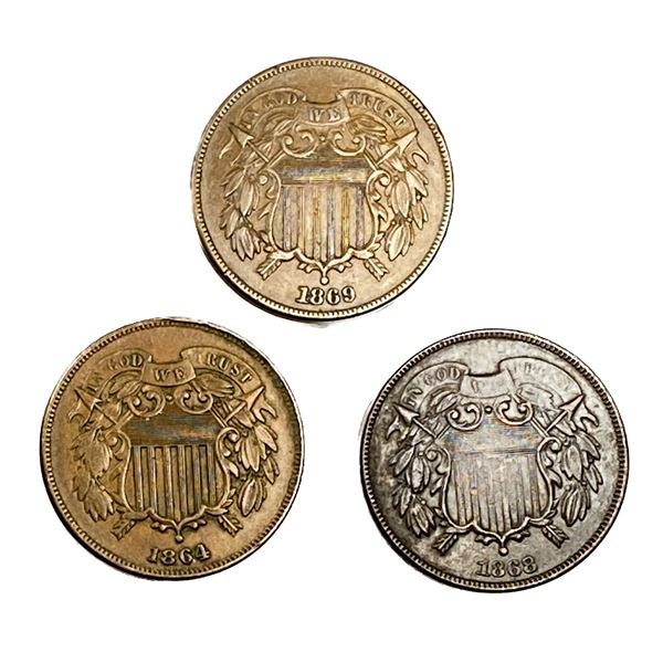 1864-1869 High Grade Two Cent Piece Lot [3 Coins] AU