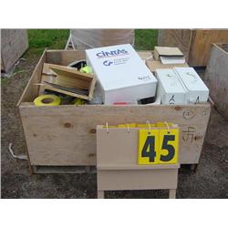 PALLET W/FIRST AID CABINETS/HARD HATS/CAUTION TAPE/MISC