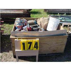 PALLET W/SCAFFOLD WHEELS/FIRE EXTINGUISHERS/VISE