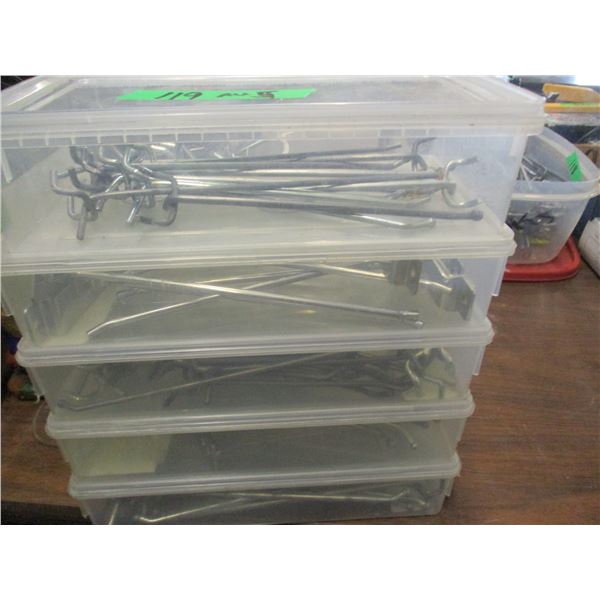 ESTATE:  5 PLASTIC CONTAINERS C/W PEG BOARD HOOKS