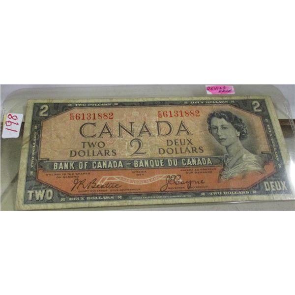 1954 SCARCE (DEVILS FACE) BANK OF CANADA $2 BILL