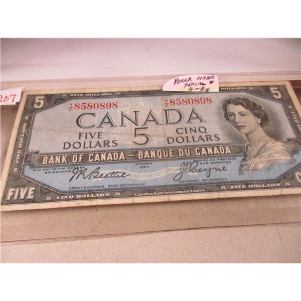 1954 BANK OF CANADA POKER HAND SERIAL NUMBER $5 BILL (4-8'S)