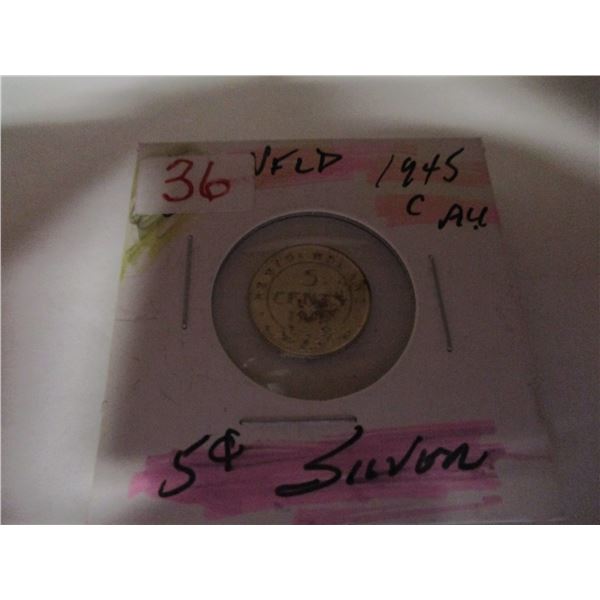 1945C AU NEWFOUNDLAND SILVER FIVE CENT