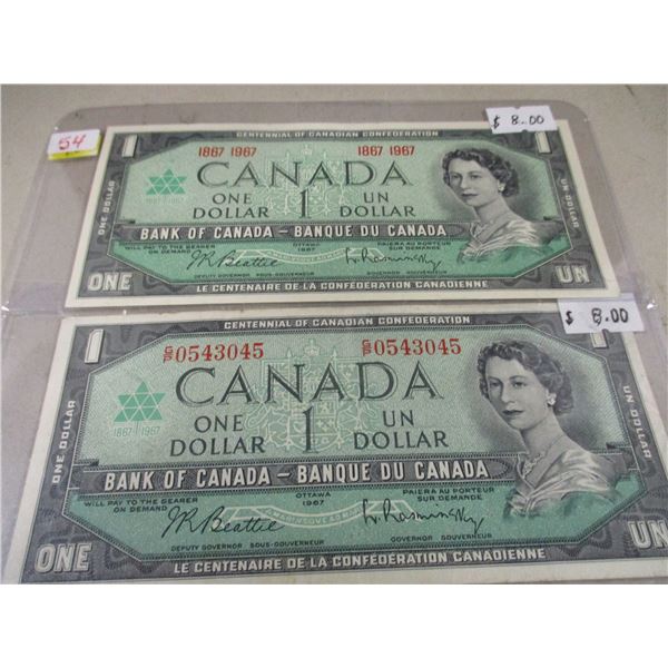 SET OF 1967 CANADA NO SERIAL NUMBER & SERIAL NUMBER $1 BILLS