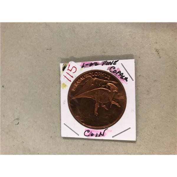 ONE OZ .999 FINE COPPER PARASAUROLOPIFIDS COIN