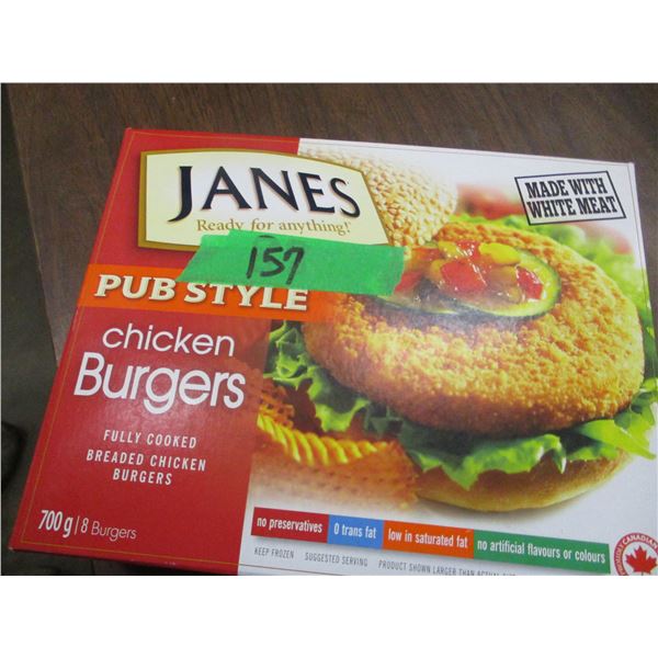 FROZEN:  JANE'S FULLY COOKED CHICKEN BURGERS (700G) - BOX