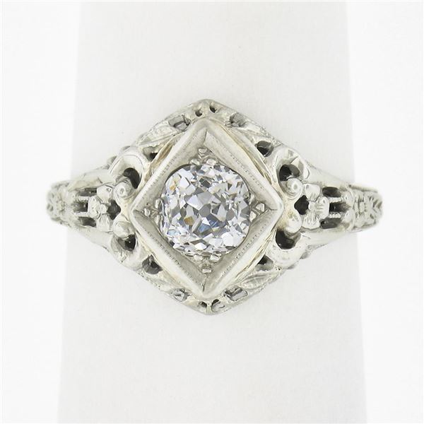 Antique 18k Gold 0.60 ctw Old Mine Cushion Diamond Floral Filigree Engagement Ri
