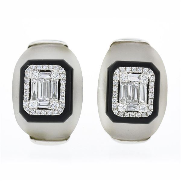 18k White Gold Rock Crystal Black Onyx & Baguette Diamond Domed Button Earrings