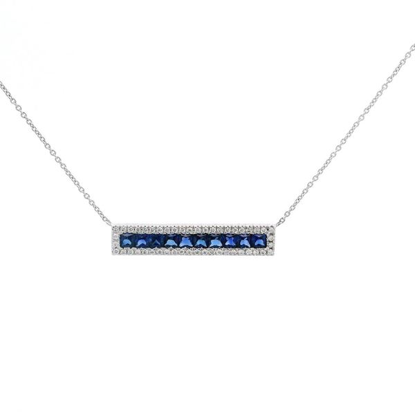 Fashion Blue Sapphire & Diamond Rectangular Halo Necklace
