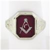 Antique 10K White Gold Bezel Set Red Stone w/ Detailed Sides Masonic Band Ring
