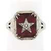 Antique Art Deco 14K Gold Red Stone Order of Easter Star Engraved Masonic Ring