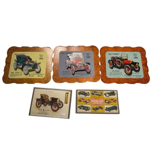 5x Vintage Car Collectibles: Merit Racing Car Kit, Thermometer, & 3x 3d Old Timers Wall Hangers