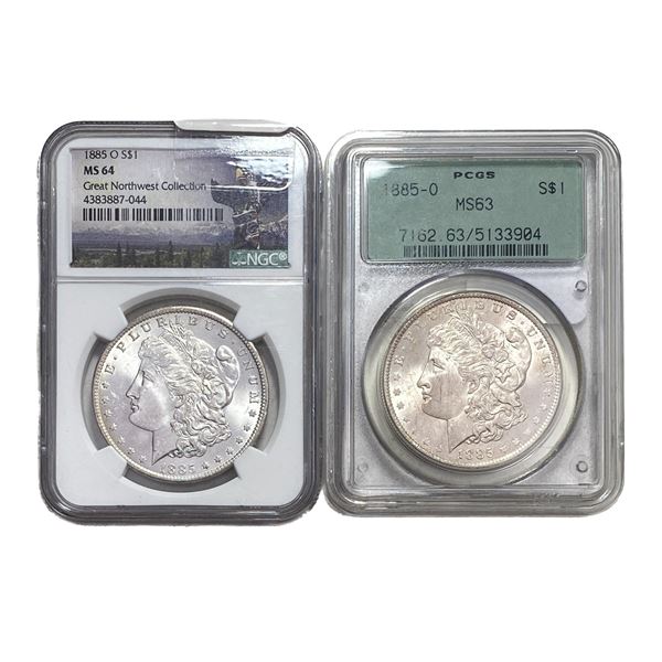 1885-O [2 Coins] Morgan Silver $ NGC/PCGS MS63-64