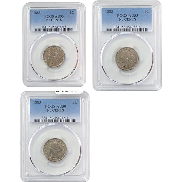 [3] 1883 No Cents High Grade V Nickel Set [3 Coins] PCGS AU50-55