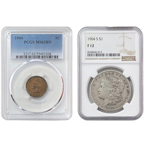 1904, 1904-S Morgan SIlver Dollar and Indian Cent Lot [2 Coins] PCGS/NGC F/MS12/62