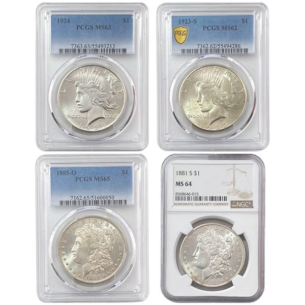 1881-1924 GEM BU Morgan and Peace Silver Dolar Lot [4 Coins] PCGS/NGC MS62-65
